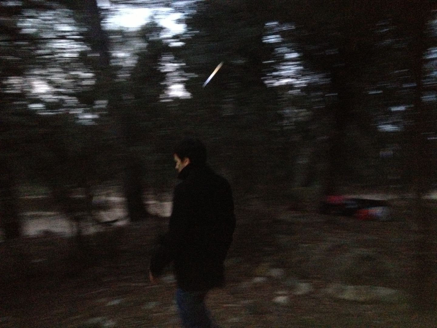 Still from Anthony Spring’s short film TWICE, a figure moving through a dark forest